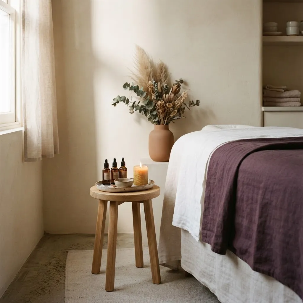 Pormenor da sala de tratamentos: linho, flores secas e um tabuleiro de madeira