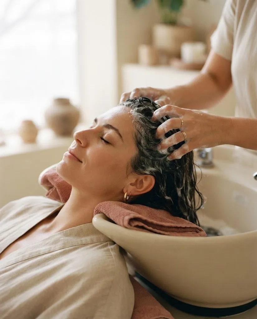 Massagem ao couro cabeludo durante uma sessão de head spa